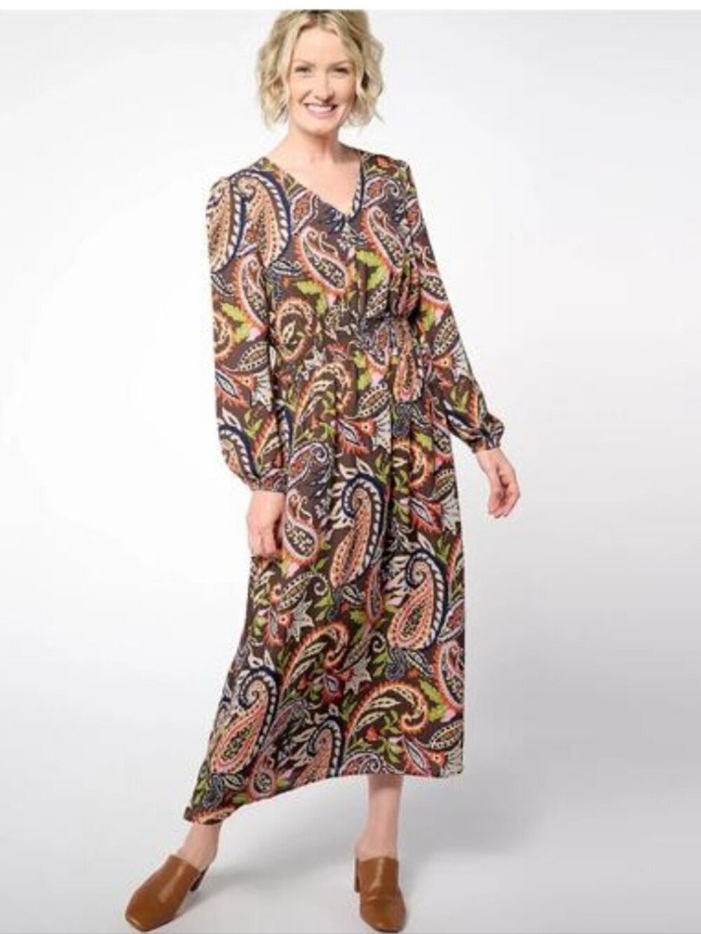 Belle Boho By Kim Gravel Colorful Paisley V-Neck Long Sleeves Dress Sz SP